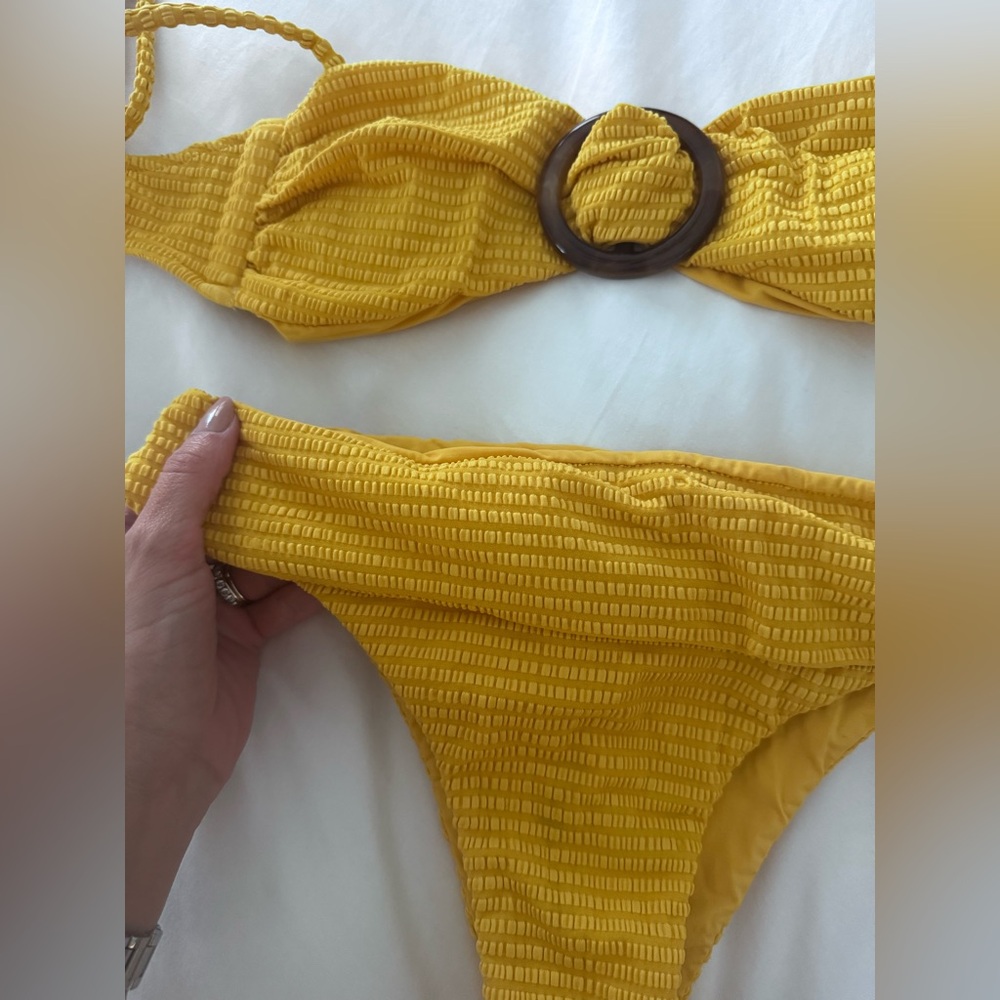 Farm Rio Mustard Yellow Textured Bikini Set with Ring Detail